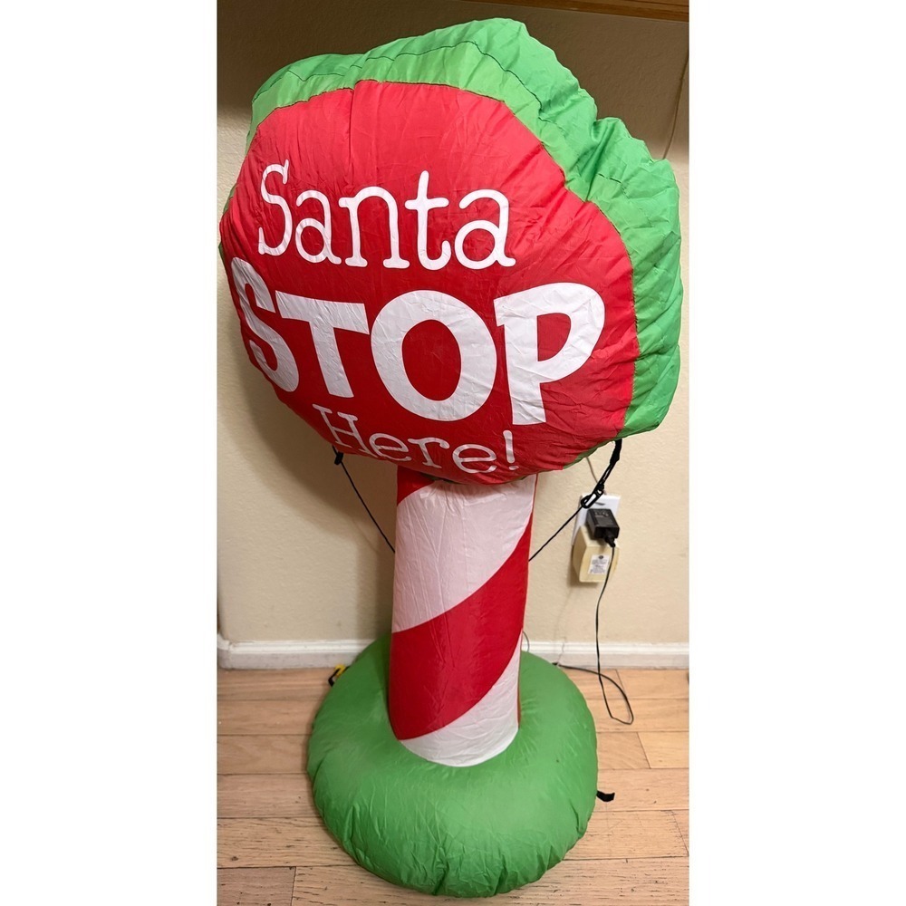 Santa Stop Here Christmas Inflatable Yard Decoration Candy Cane Sign Red Green